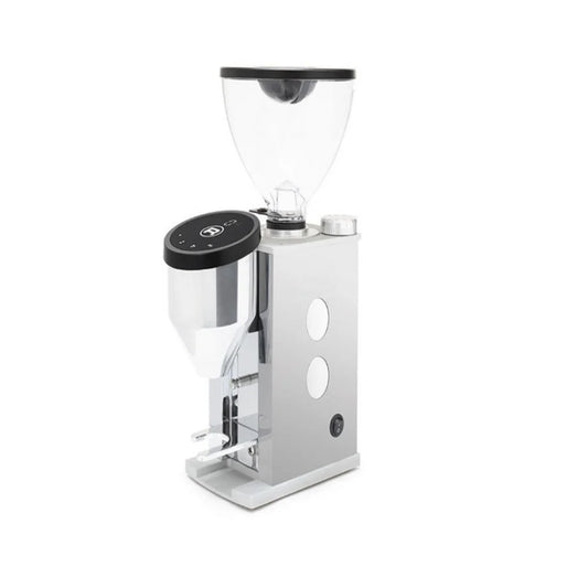 Rocket Faustino 3.1 Chrome White Coffee grinder with clear container on a white background