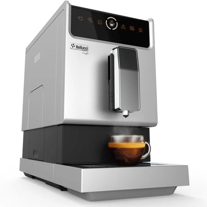 Bellucci Slim Caffè front view with the warning icons all displayed and an espresso beverage under spout