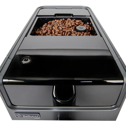 Bellucci Slim Latte Top, zoomed in with hopper lid off with coffee beans inside