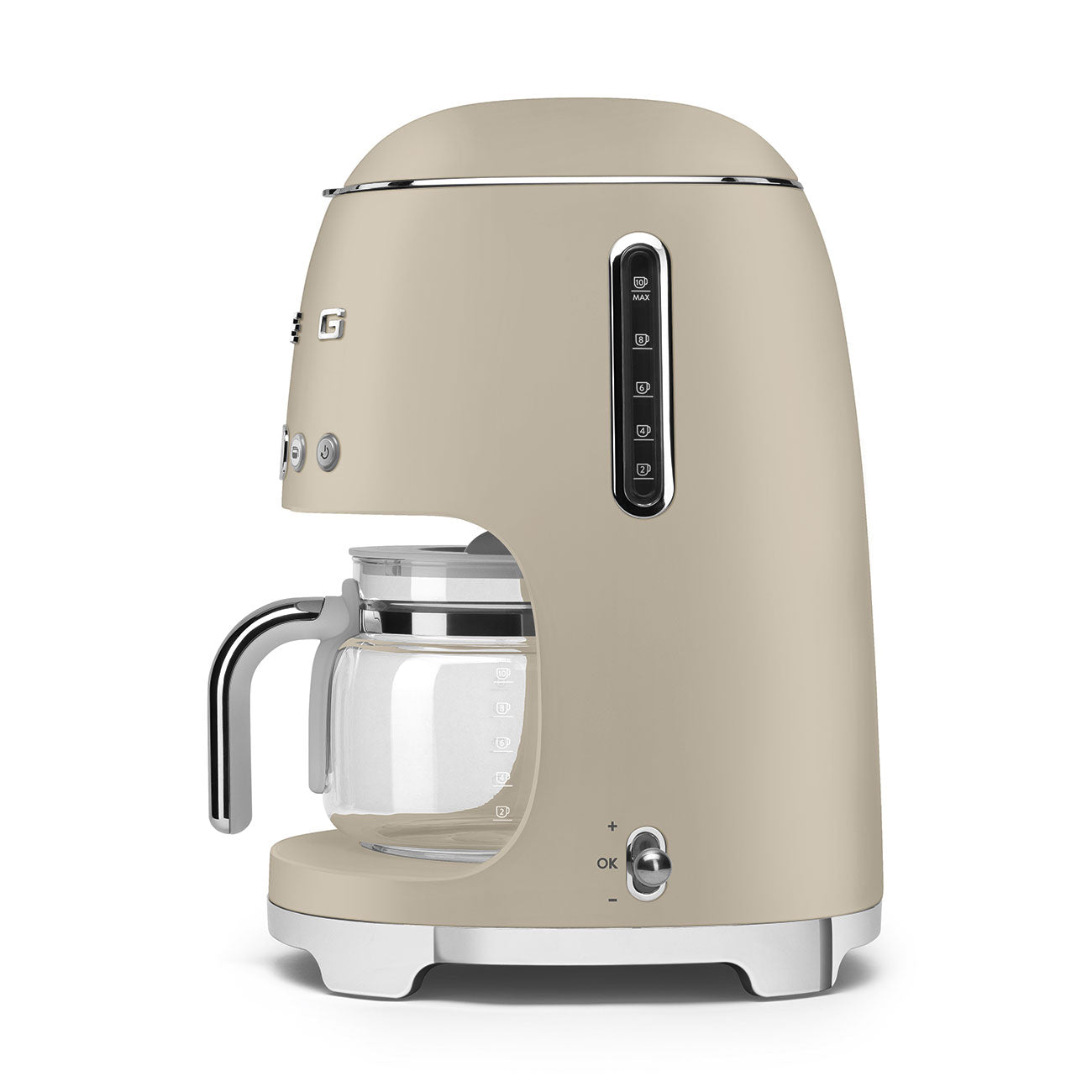 Beige coffee machine with clear glass carafe on a white background