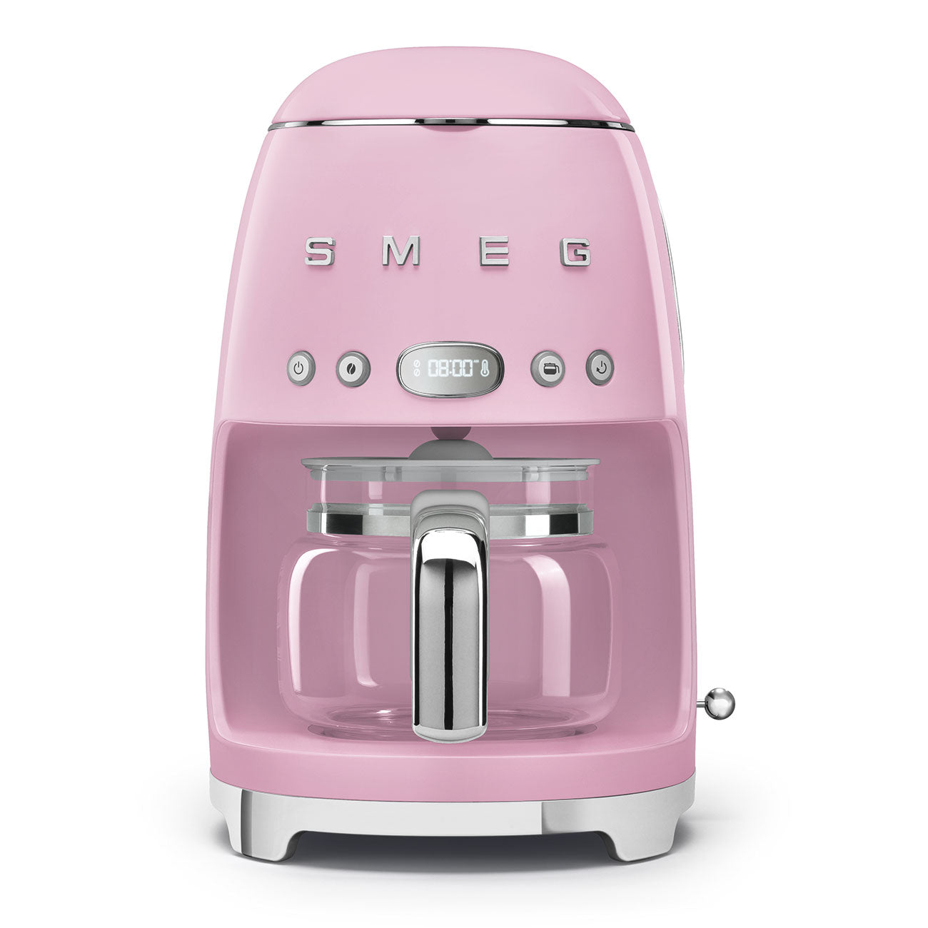 Pink Smeg coffee machine on a white background