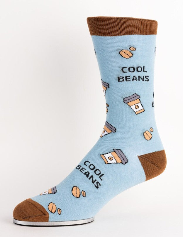 Light blue sock with brown accents and coffee-themed design on a white background