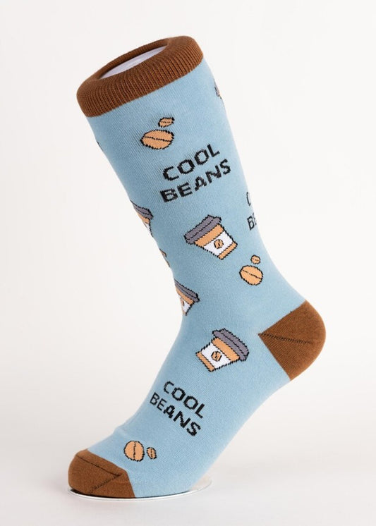 Light blue sock with brown accents and 'Cool Beans' text on a white background