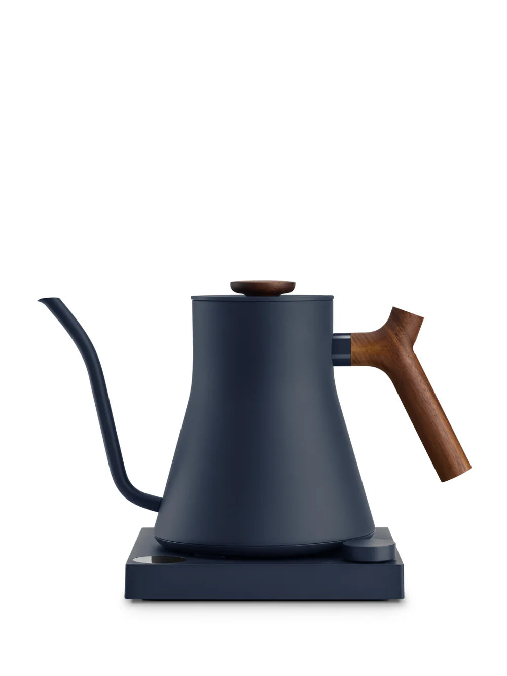 Blue electric kettle with a wooden handle on a white background