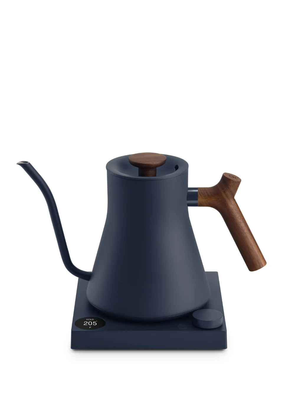 Dark blue kettle with wooden handle on a white background
