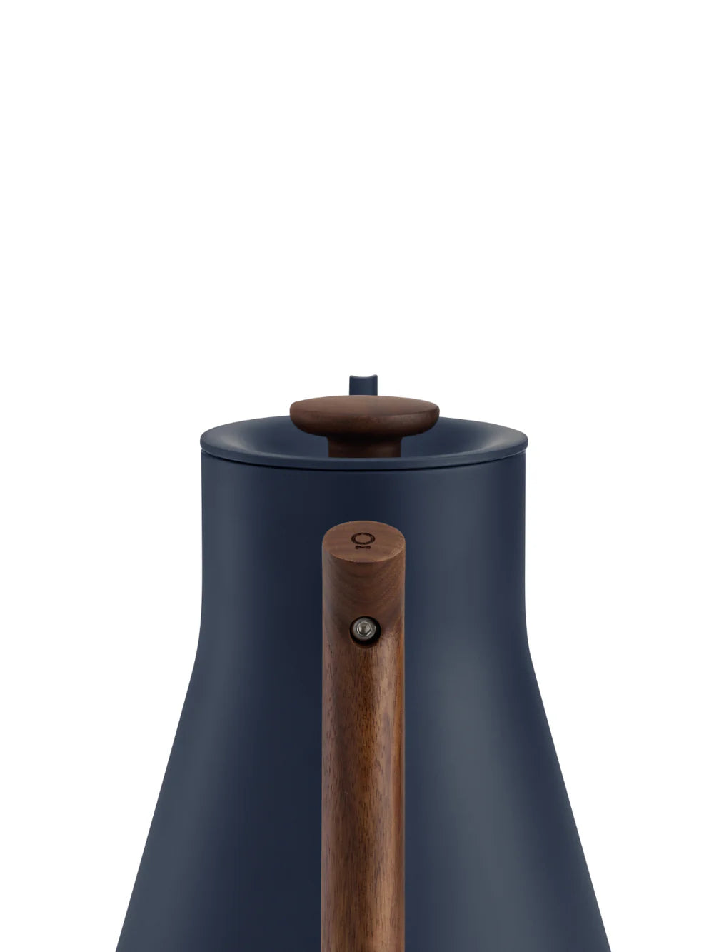 Close-up of a matte navy blue kettle with a dark brown wooden handle and matching wooden lid knob, shown against a solid white background.