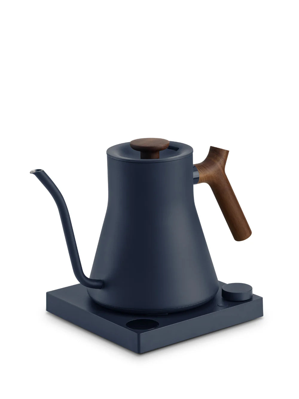 Dark blue kettle with wooden handle on a white background