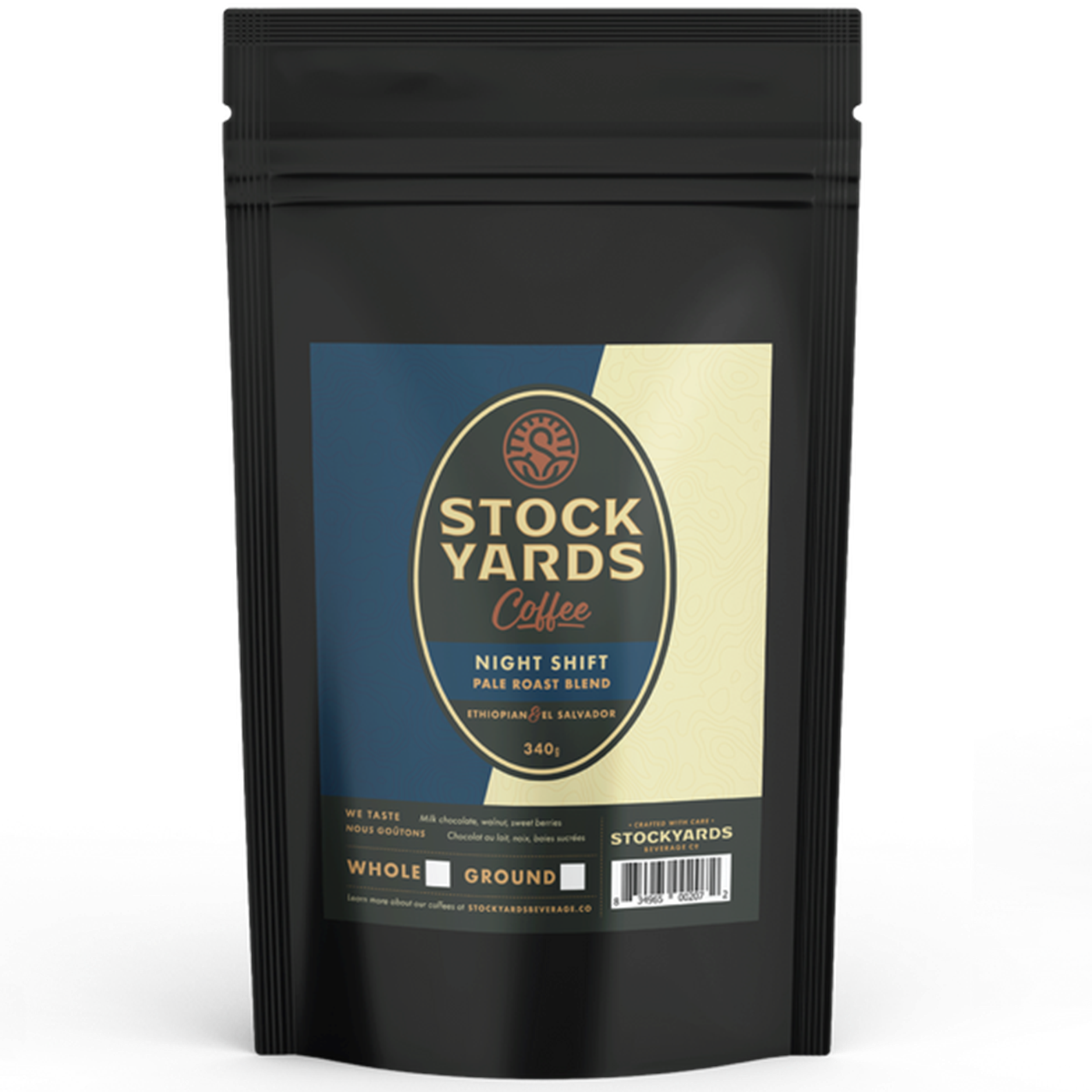 Black coffee packaging with 'Stockyards Coffee' label on a white background