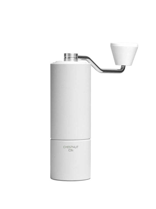 White Timemore C3s hand grinder front view with handle to the right