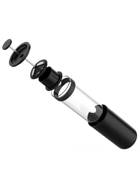 Black and clear French press parts on a white background