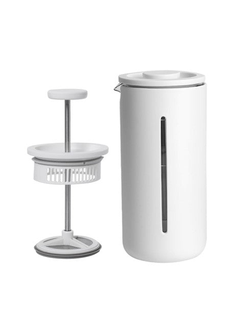 White cylindrical French press and French press filter on a white background
