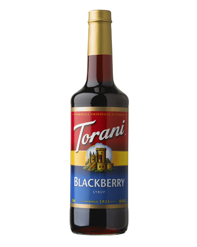 Torani Blackberry syrup bottle on a white background