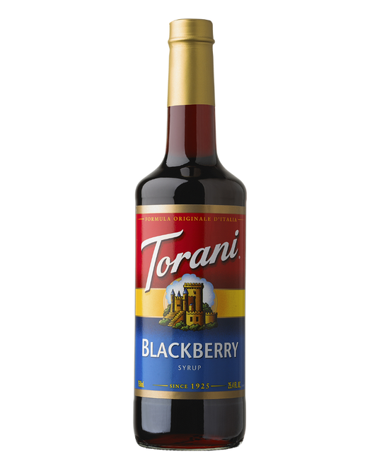 Torani Blackberry syrup bottle on a white background