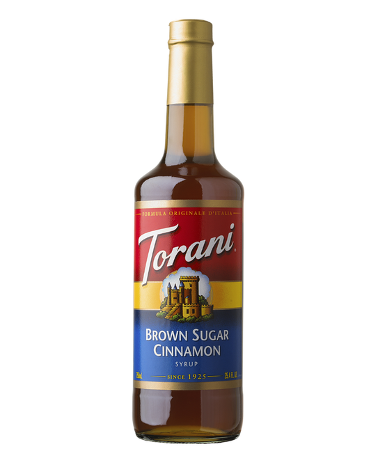 Torani Brown Sugar Cinnamon Bottle with red, yellow, and blue label, on a white background