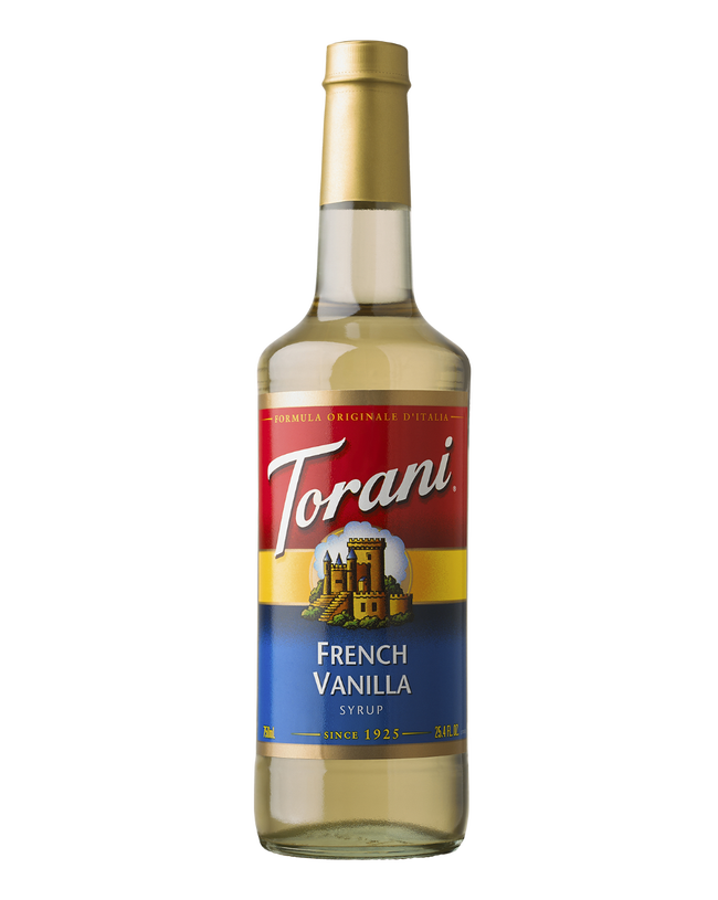 Torani French Vanilla syrup bottle on a white background