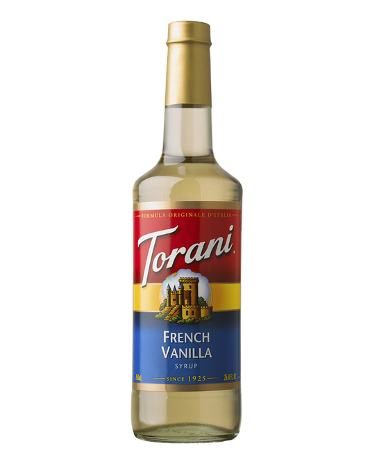 Torani French Vanilla syrup bottle on a white background