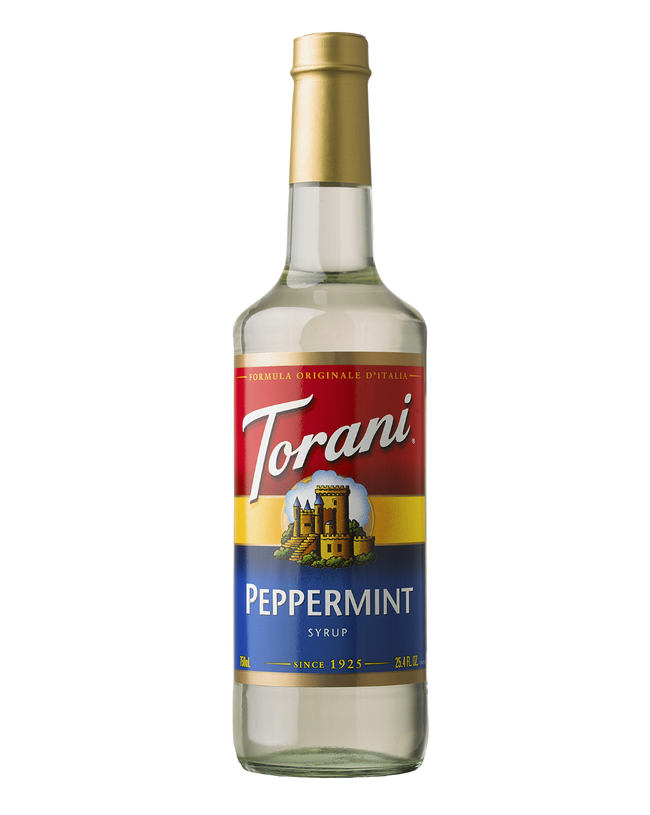 Torani Peppermint syrup bottle on a white background