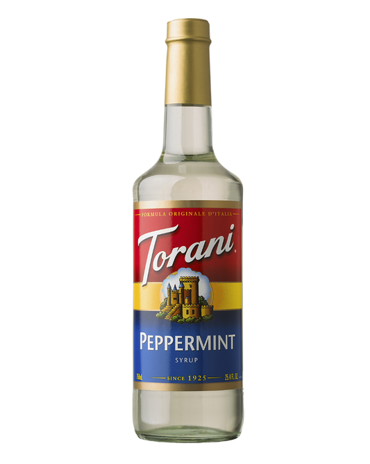 Torani Peppermint syrup bottle on a white background