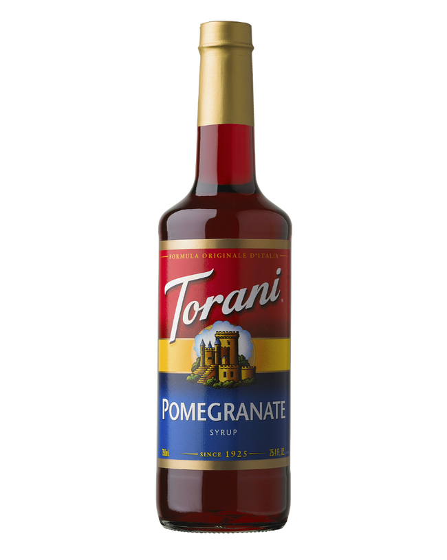 Torani Pomegranate syrup bottle on a white background