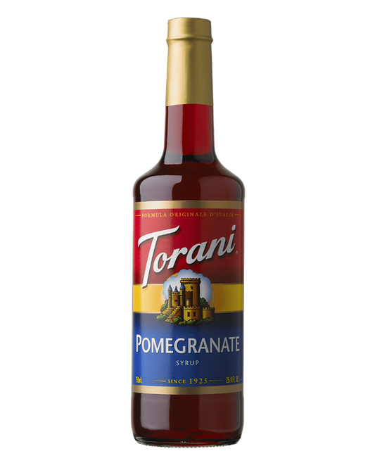 Torani Pomegranate syrup bottle on a white background