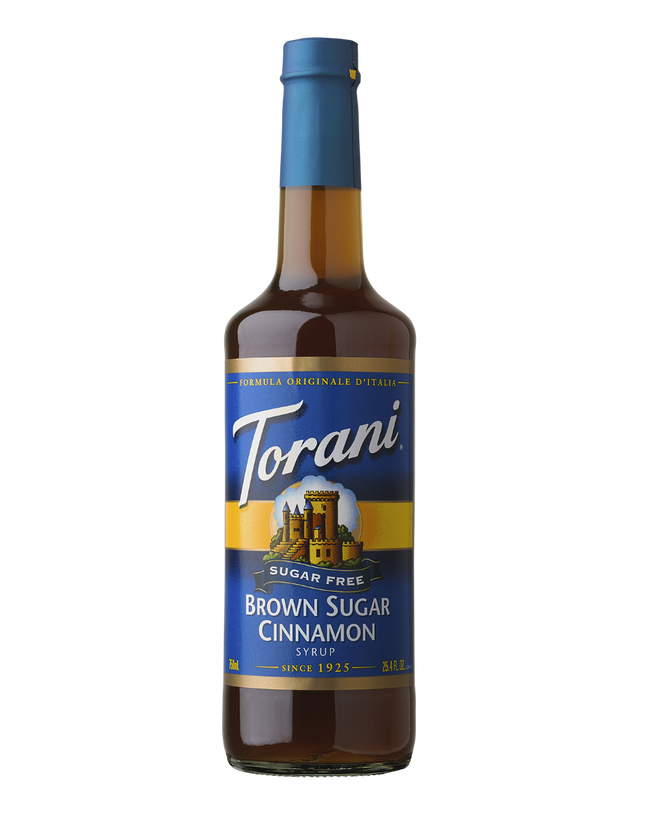 Torani Brown Sugar Cinnamon syrup bottle on a white background