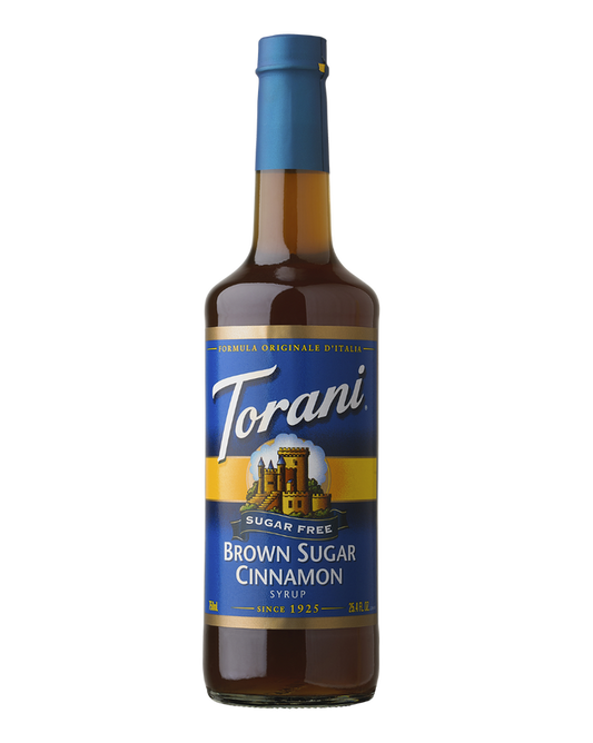 Torani Brown Sugar Cinnamon syrup bottle on a white background