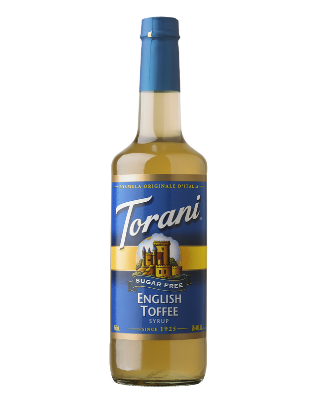 Torani English Toffee syrup bottle on a white background