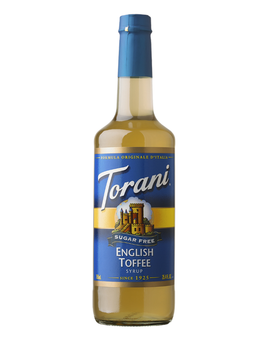 Torani English Toffee syrup bottle on a white background