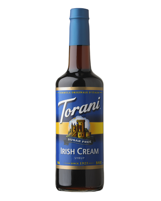 Torani Irish Cream syrup bottle on a white background