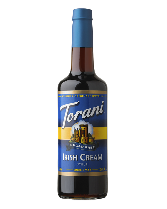 Torani Irish Cream syrup bottle on a white background
