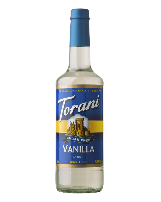Torani Vanilla syrup bottle on a white background