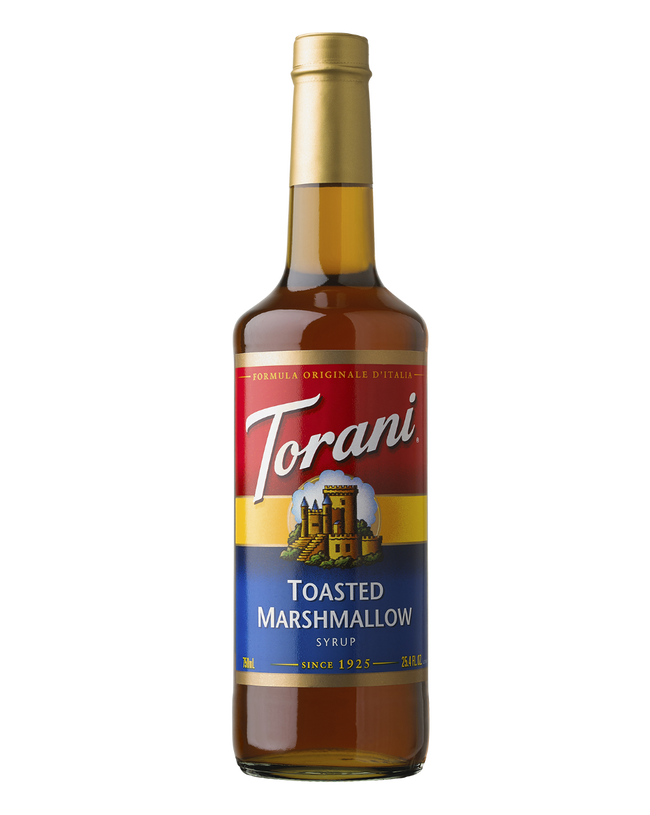 Torani Toasted Marshmallow Syrup, with Red, Yellow and Blue Label.