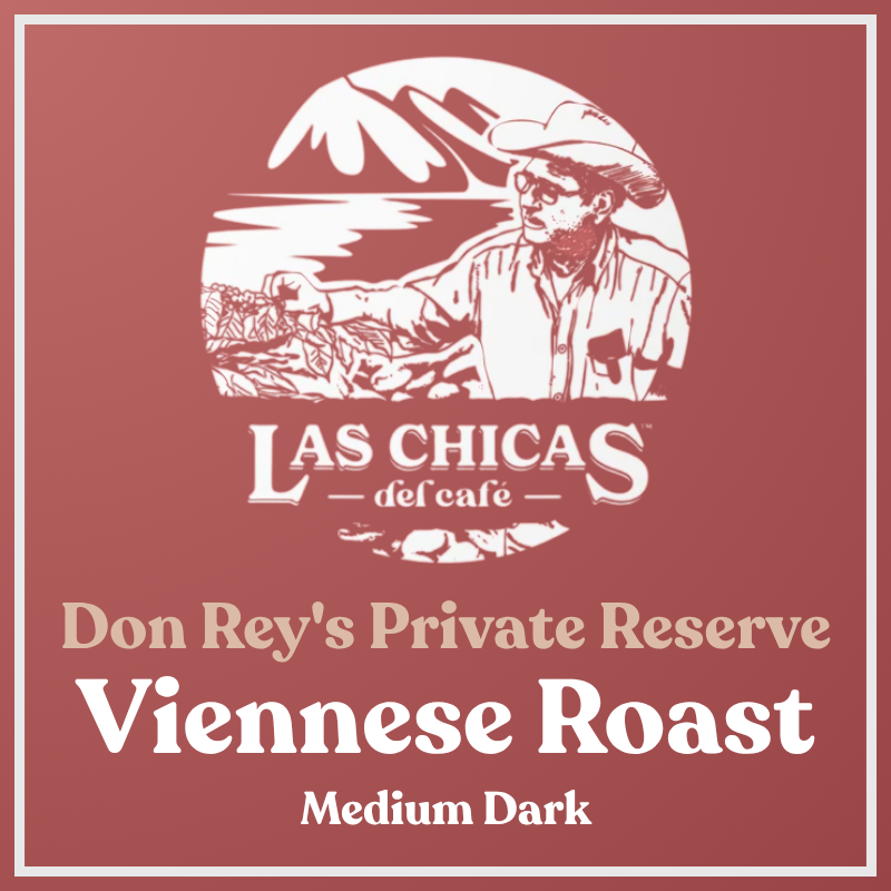 A square product label or packaging graphic for Las Chicas del cafe, featuring a white line-art illustration of a woman in a hat with mountains and coffee plants behind her. The text reads 'Don Rey's Private Reserve', 'Viennese Roast', and 'Medium Dark' on a muted reddish-brown background.