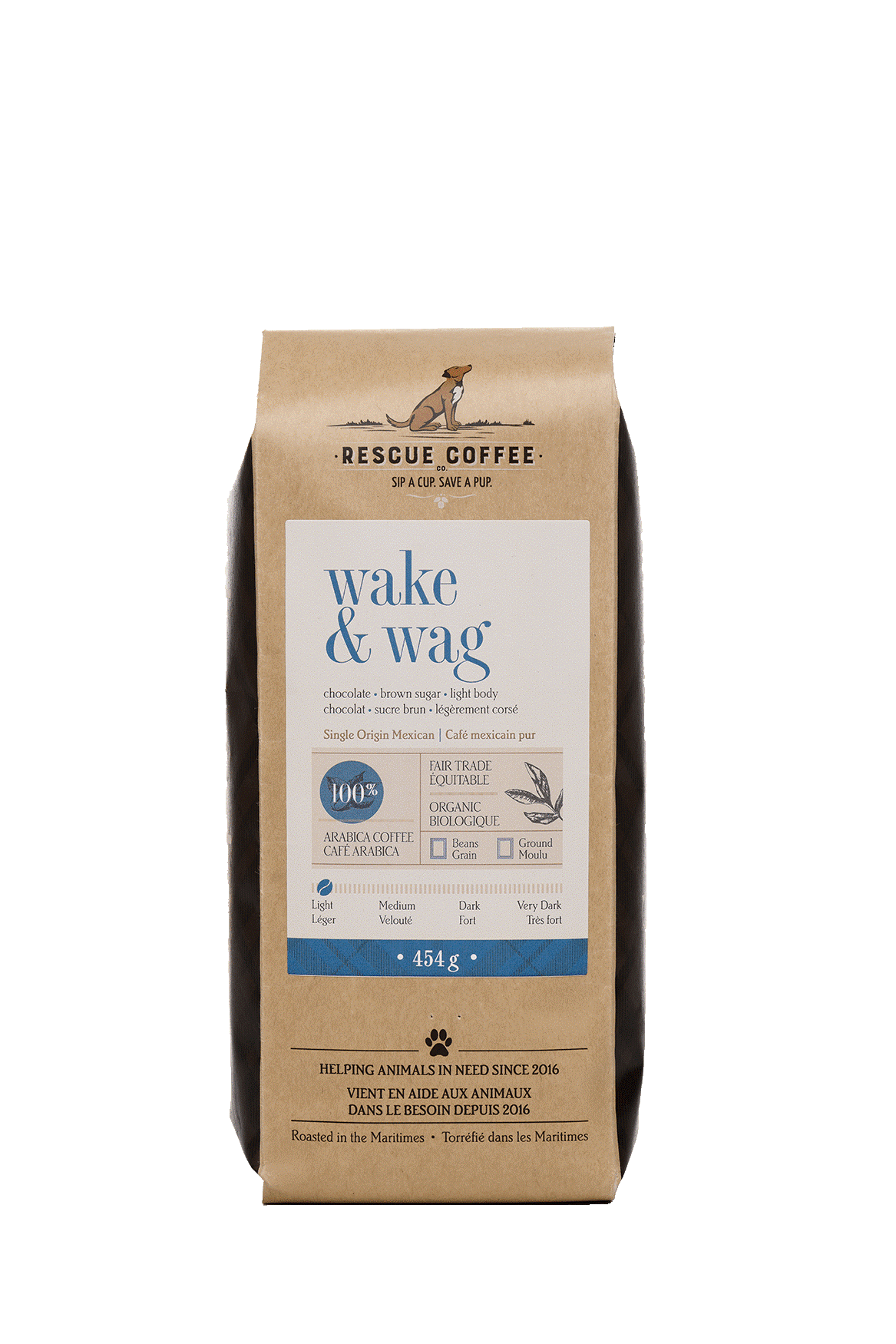 Rescue Coffee 'Wake & Wag' coffee package on a black background