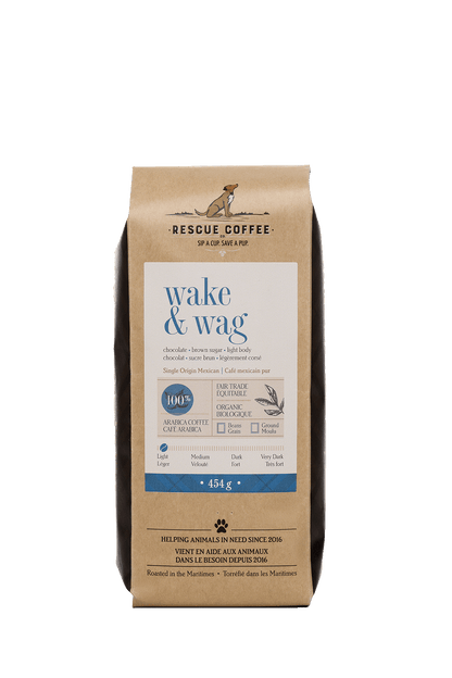 Rescue Coffee 'Wake & Wag' coffee package on a black background