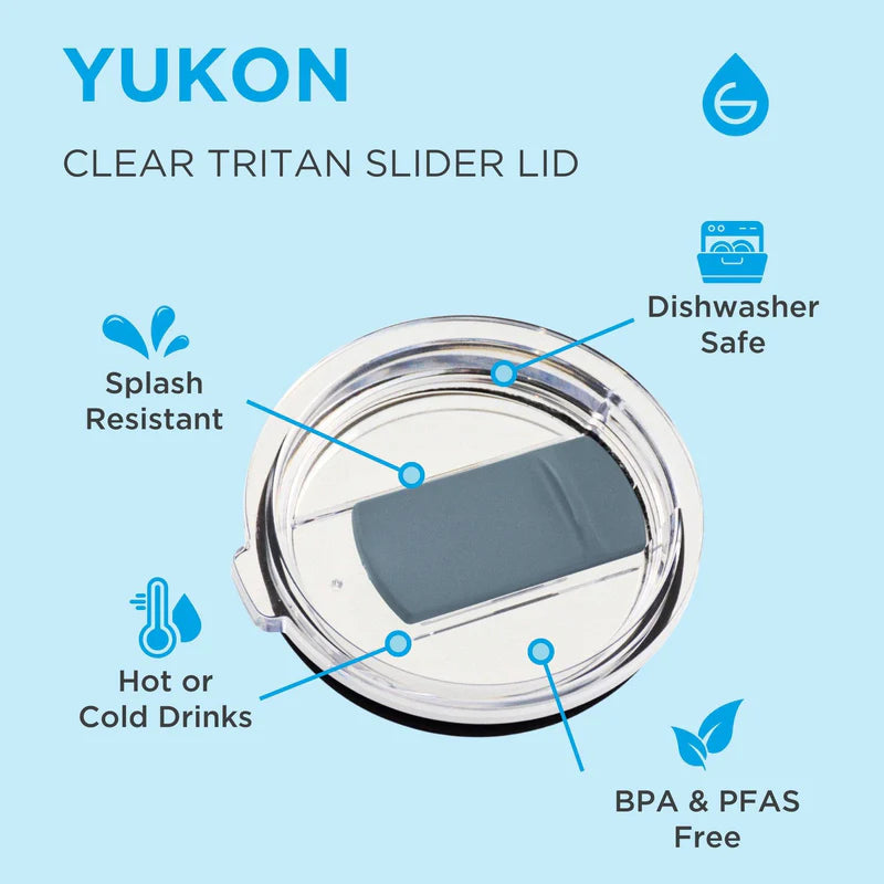 Yukon clear tritan slider lid with features highlighted on a blue background