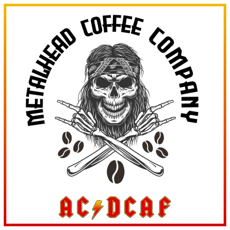 A square graphic design featuring a black-and-white illustrated skull with long hair, crossed bones, coffee beans, and the text 'METALHEAD COFFEE COMPANY' in black around the top half, with 'ACDCAF' in red at the bottom. The design is centered on a white background with a thin orange and red border.