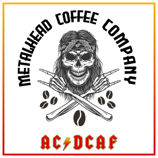 A square graphic design featuring a black-and-white illustrated skull with long hair, crossed bones, coffee beans, and the text 'METALHEAD COFFEE COMPANY' in black around the top half, with 'ACDCAF' in red at the bottom. The design is centered on a white background with a thin orange and red border.