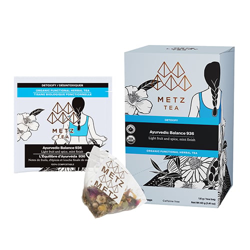 Metz Tea packaging with tea bags on a white background