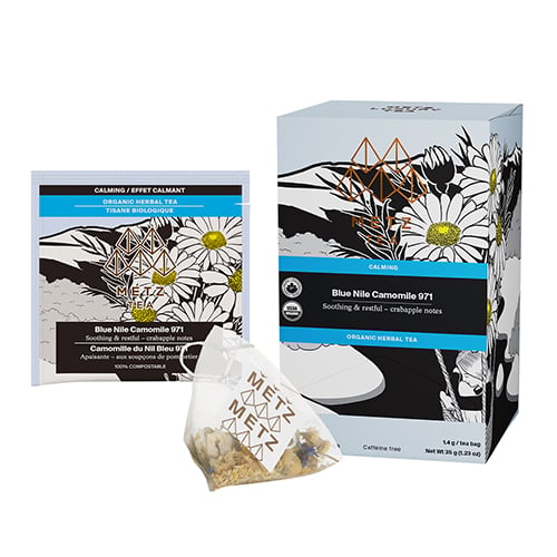 Metz tea packaging with box, bag, and teabag on a white background