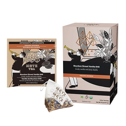 Metz Tea packaging including box, tea bag, and packaging design elements on a white background