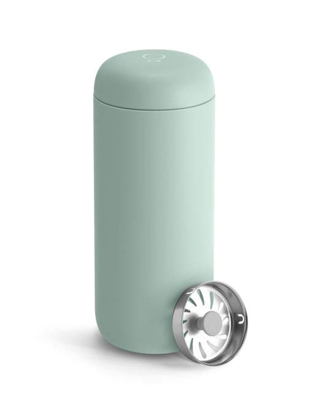 A mint green travel mug on a white background