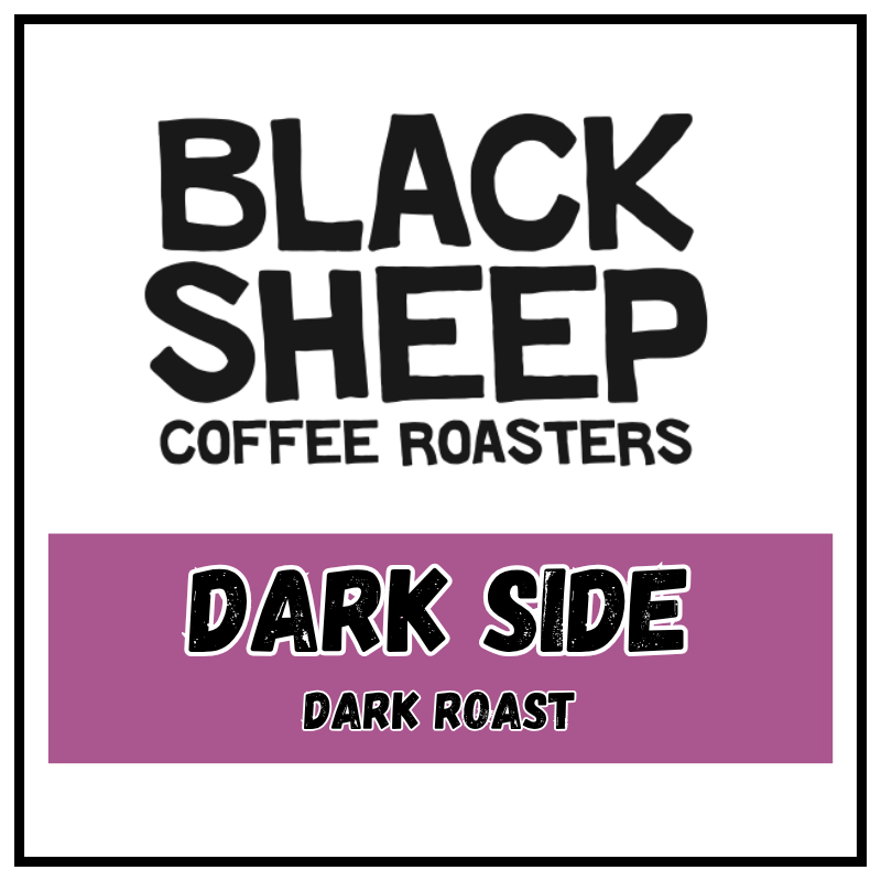 A square coffee roaster label design with a white background, black border, large black text reading 'BLACK SHEEP COFFEE ROASTERS,' and a purple band across the lower half reading 'DARK SIDE DARK ROAST.'.