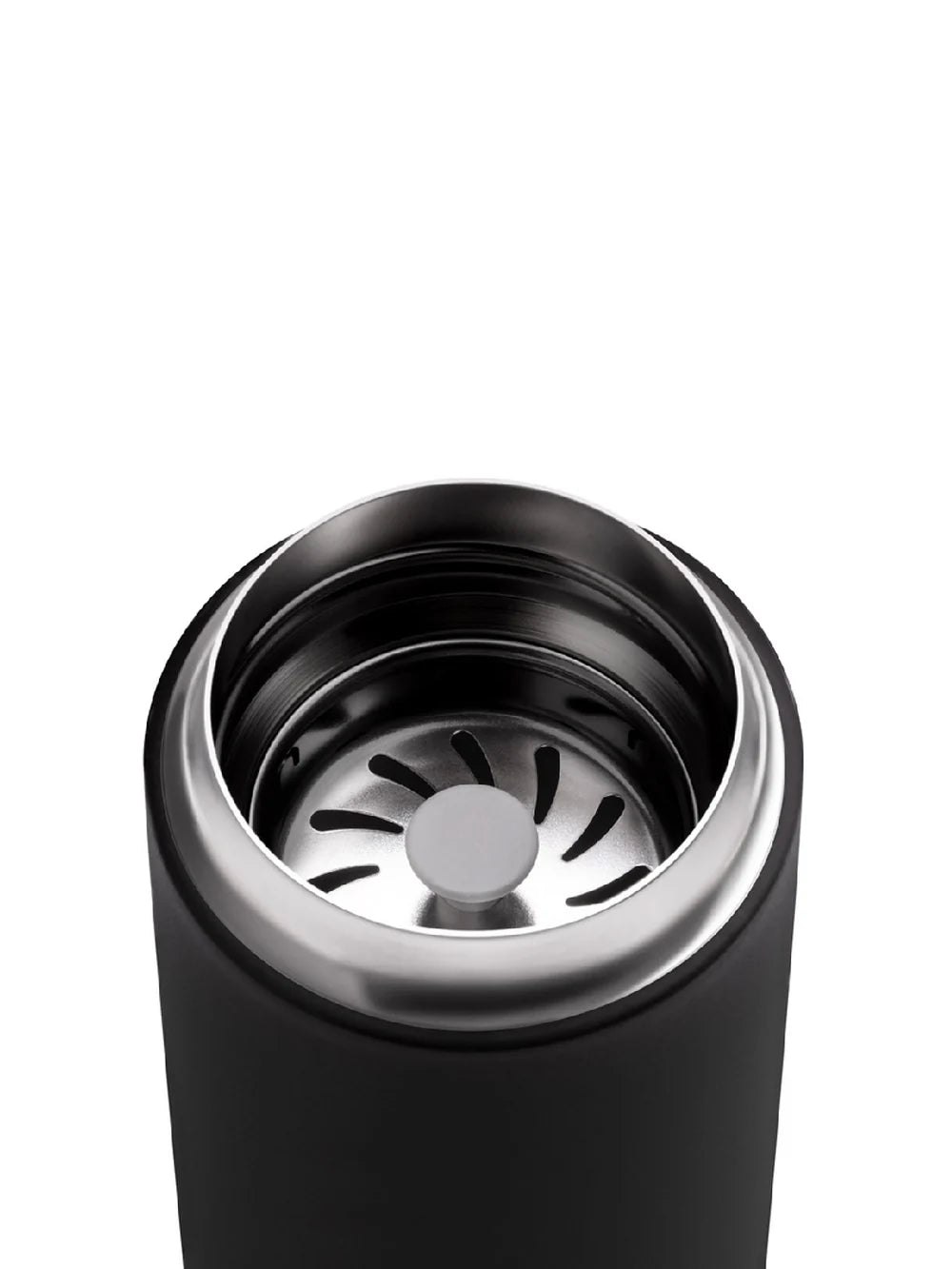 Black thermos with silver interior on a white background