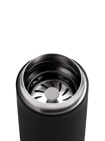 Black thermos with silver interior on a white background
