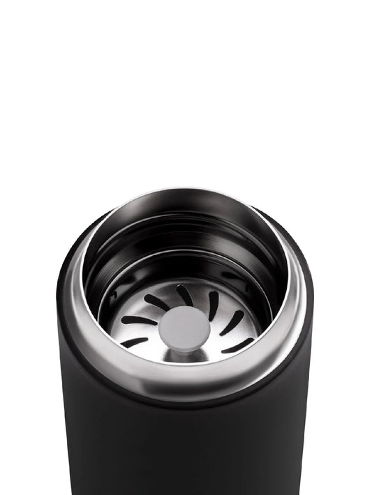 Black thermos with silver interior on a white background
