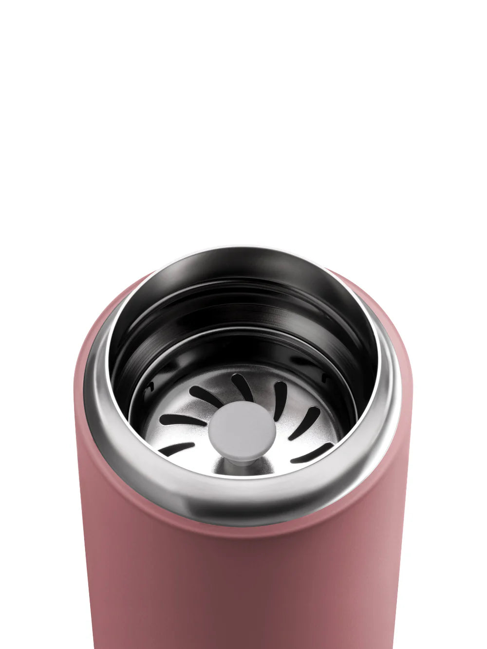 Pink travel mug with black interior and silver interior on a white background