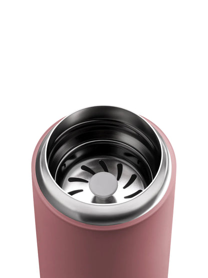 Pink travel mug with black interior and silver interior on a white background