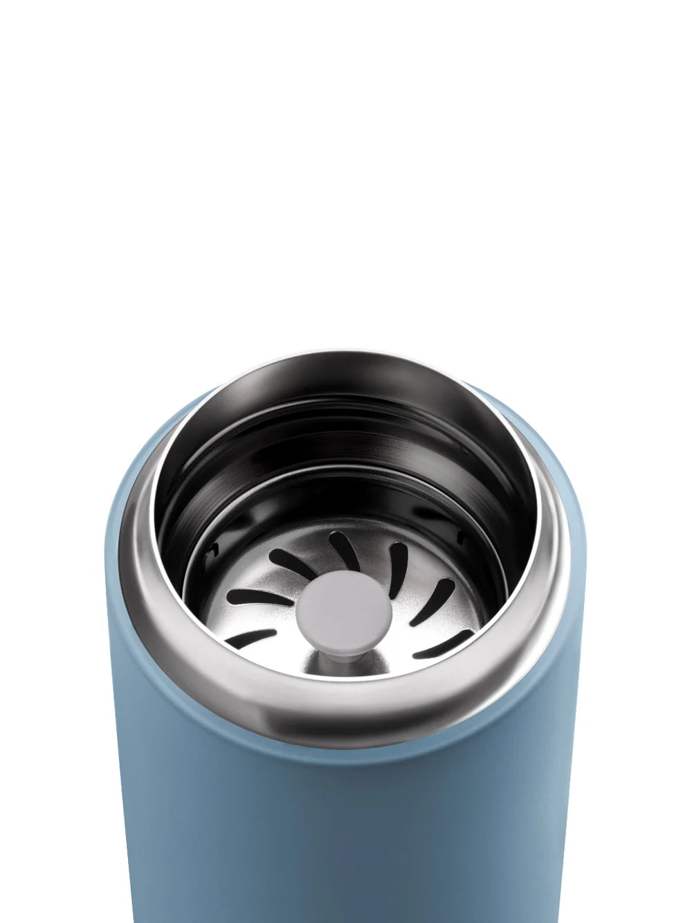 Blue thermos with a metal interior on a white background