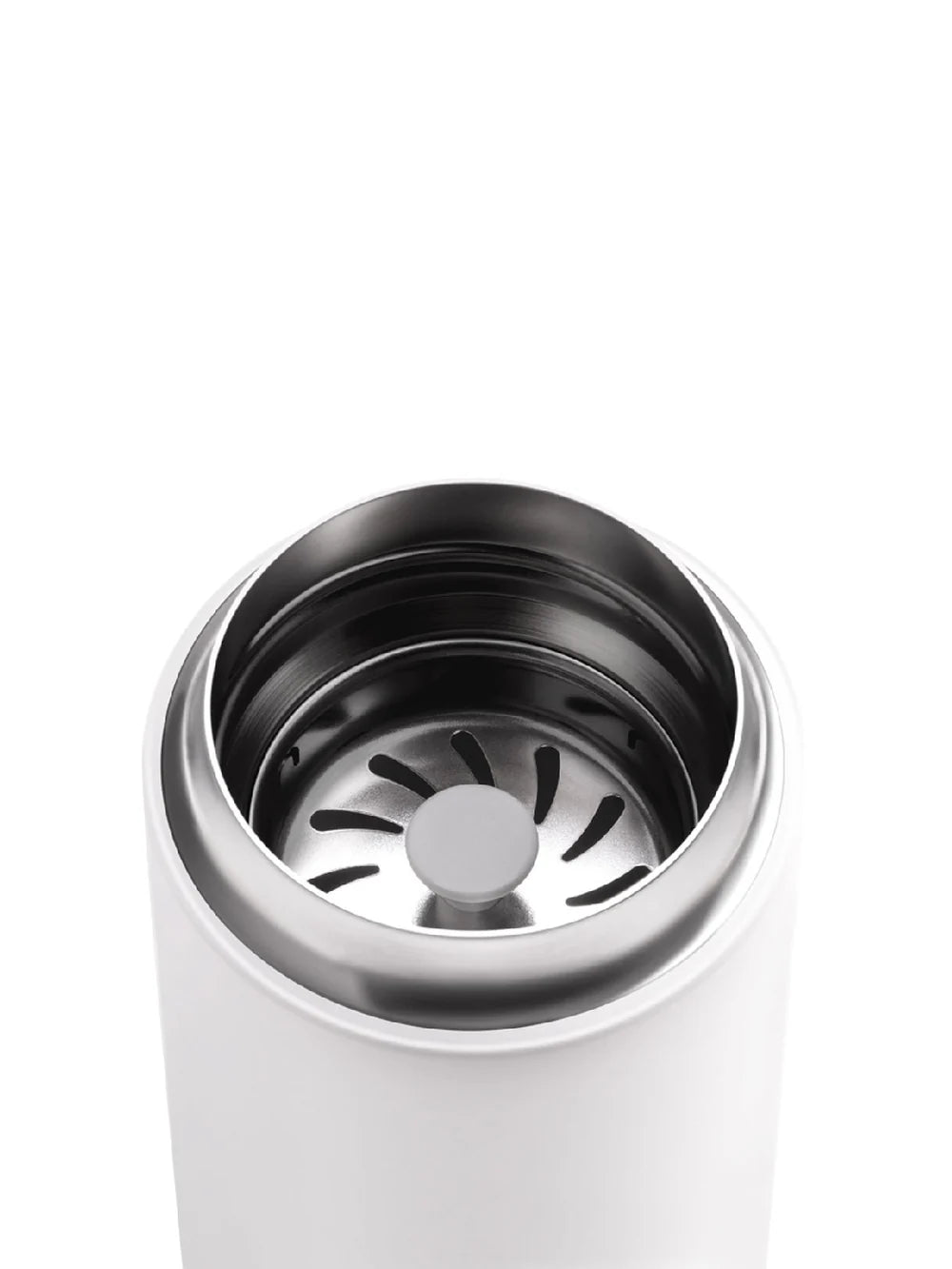White travel mug with black interior on a white background